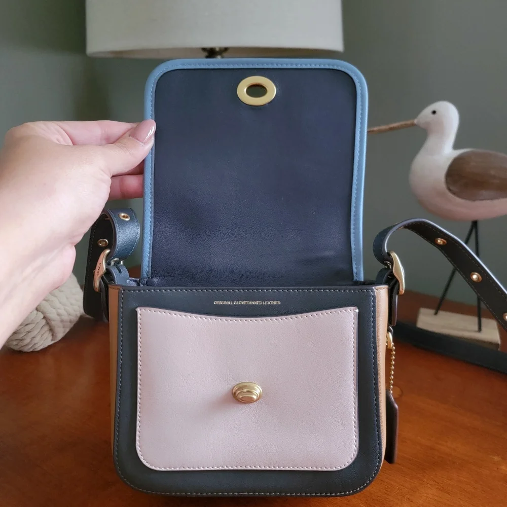 Coach 89126 Rambler 16 Colorblock Tan Blue Pink Leather Crossbody Bag
